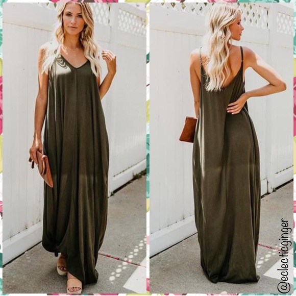 Eclectic Ginger Dresses & Skirts - OLIVE green spaghetti strap maxi dress with pockets Extra Large XL